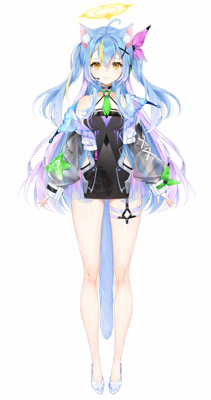 1girl, absurdres, bare_shoulders, blue_hair, closed_mouth, cybermyth, full_body, hair_ornament