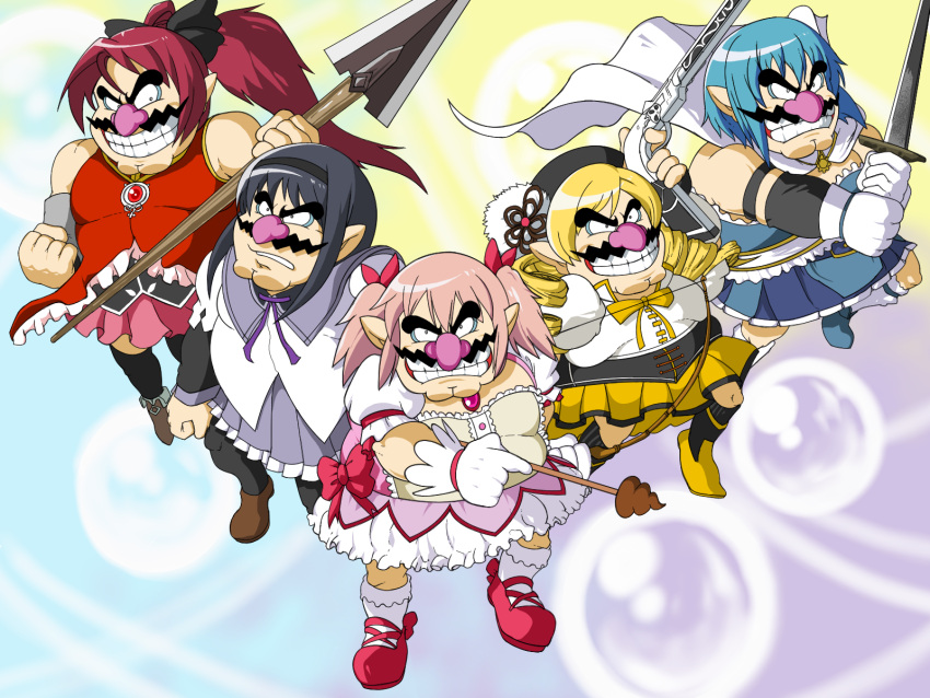 akemi_homura_(cosplay), black_hair, black_legwear, blonde_hair, blue_hair, bobby_socks, bow, bow_(weapon), cape, clenched_teeth, cosplay, dress, drill_hair, eyebrows, facial_hair, fat_man, gloves, grin, gun, hair_bow, hairband, highres, jewelry, kaname_madoka, kaname_madoka_(cosplay), long_hair, magical_musket, mahou_shoujo_madoka_magica, miki_sayaka, miki_sayaka_(cosplay), miniskirt, mustache, nakagawa_rui, necklace, nose, pantyhose, pink_hair, pointy_ears, polearm, ponytail, poop, red_hair, redhead, rifle, sakura_kyouko, sakura_kyouko_(cosplay), short_hair, skirt, smile, socks, spear, super_mario_bros., sword, teeth, thick_eyebrows, thigh-highs, thighhighs, tomoe_mami, tomoe_mami_(cosplay), twintails, ugly_man, wario, warui, weapon, what