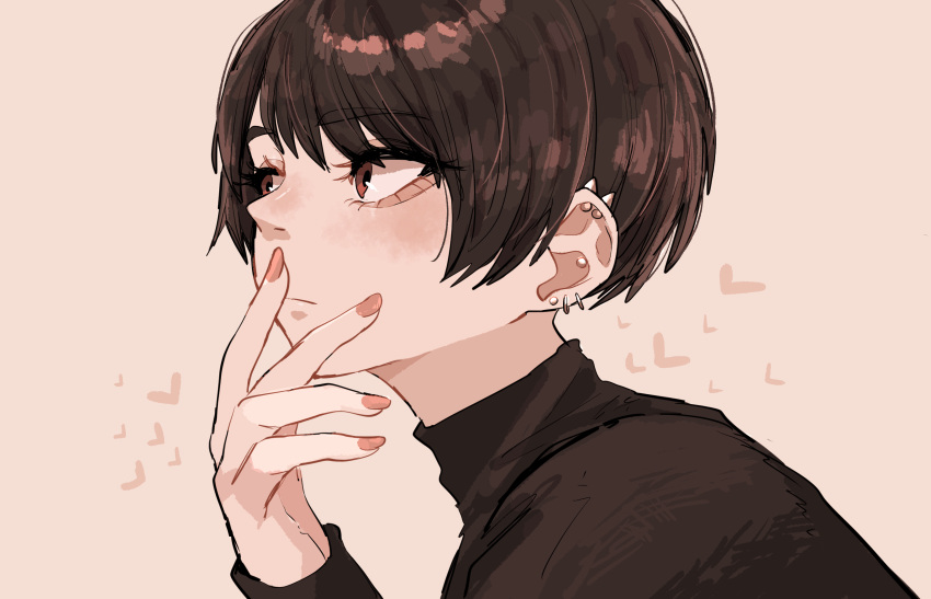 1girl, black_hair, black_sweater, brown_eyes, ear_piercing, heart, highres, koucha_(pankeki_koucha)