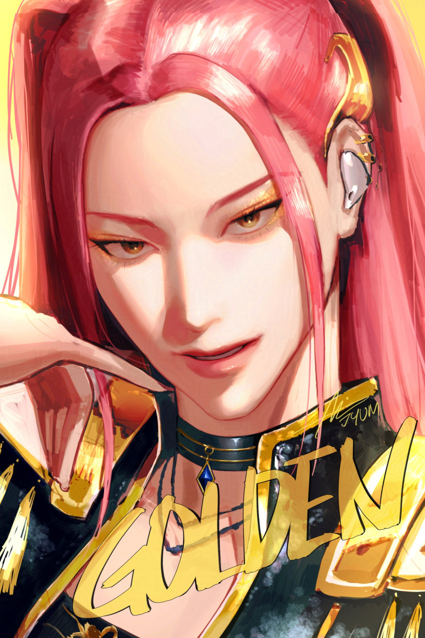 1girl, black_choker, black_jacket, brown_eyes, choker, diamond_(gemstone), ear_piercing, earpiece