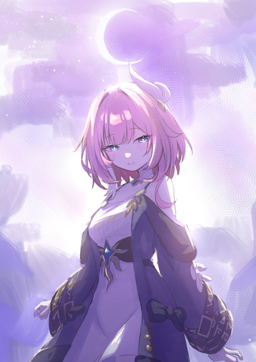 1girl, absurdres, blue_eyes, breasts, coat, crescent_moon, cyrene_(honkai:_star_rail), dress