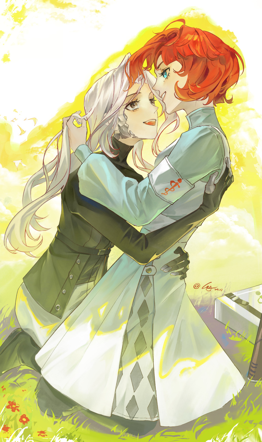 2girls, :d, absurdres, armband, black_boots, black_gloves, black_jacket, blue_eyes, blue_shirt, boots, couple, dress, eye_contact, face-to-face, full_body, gloves, grass, grey_eyes, grey_hair, grin, highres, holding_another's_hair, hug, jacket, kneeling, long_dress, long_hair, looking_at_another, maila_moguyu, marsha_(reverse:1999), mole, mole_under_eye, multiple_girls, open_mouth, pants, red_hair, reverse:1999, sentinel_(reverse:1999), shirt, short_hair, smile, white_armband, white_dress, white_pants, yellow_background, yuri