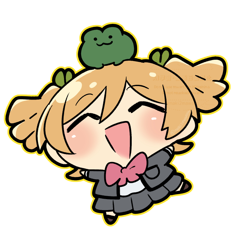1girl, :d, ^_^, animal, animal_on_head, black_socks, blonde_hair, blush, bow, bowtie, breast_pocket, brown_shoes, chibi, closed_eyes, commentary_request, daiba_nana, facing_viewer, frog, frog_on_head, full_body, green_ribbon, grey_jacket, grey_skirt, hair_between_eyes, hair_ribbon, hands_up, jacket, long_sleeves, maki2mawaru, miniskirt, on_head, open_clothes, open_jacket, open_mouth, outline, outstretched_arms, pleated_skirt, pocket, red_bow, red_bowtie, ribbon, school_uniform, seishou_music_academy_uniform, shoes, short_twintails, shoujo_kageki_revue_starlight, simple_background, skirt, smile, socks, solo, standing, standing_on_one_leg, twintails, white_background, yellow_outline
