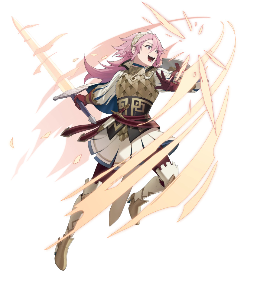 1girl, arm_shield, attack, brown_gloves, fire_emblem, fire_emblem_fates, fire_emblem_heroes, gloves, headband, highres, holding, holding_sword, holding_weapon, leggings, non-web_source, official_alternate_costume, official_art, open_mouth, pink_eyes, pink_hair, puffy_sleeves, skirt, smile, soleil_(fire_emblem), soleil_(resplendent)_(fire_emblem), solo, spiky_hair, sword, v-shaped_eyebrows, vambraces, weapon