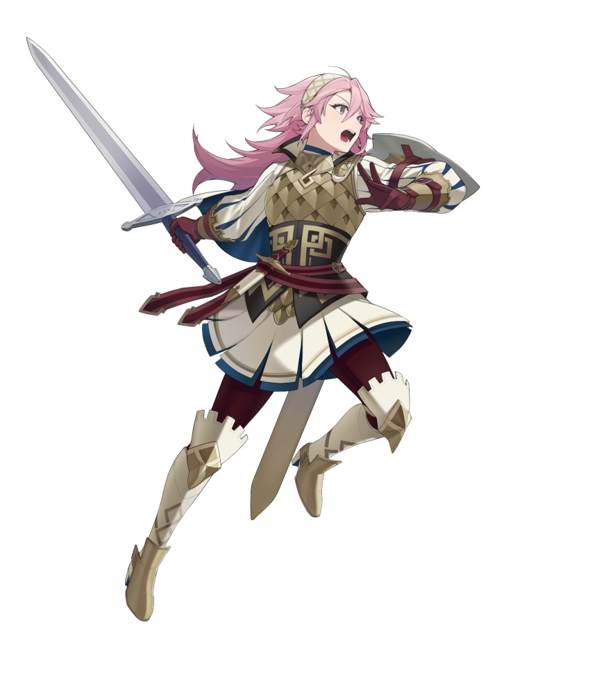 1girl, arm_shield, attack, brown_gloves, fire_emblem, fire_emblem_fates, fire_emblem_heroes, gloves