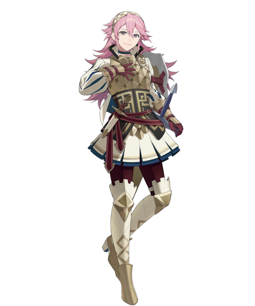 1girl, arm_shield, brown_gloves, fire_emblem, fire_emblem_fates, fire_emblem_heroes, gloves, hand_on_own_chest