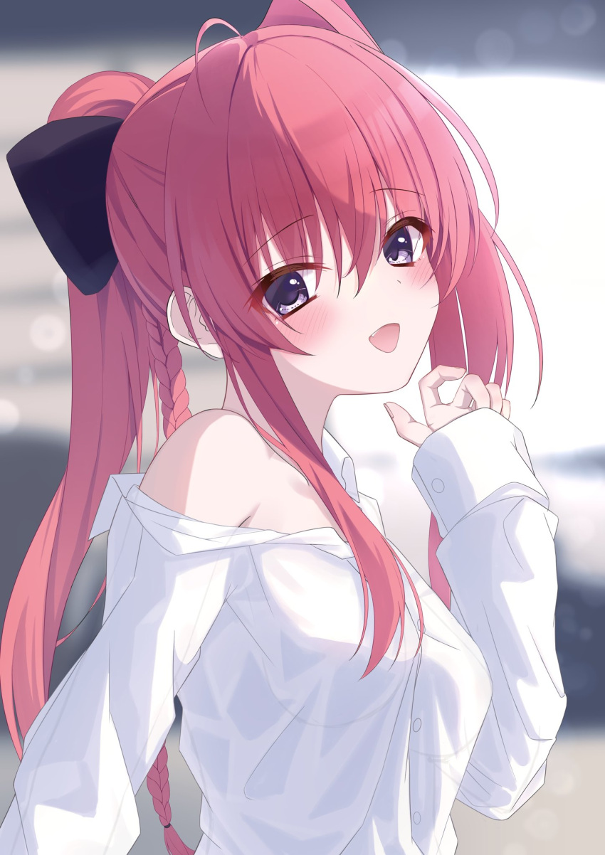 1girl, :d, ahoge, blurry, blurry_background, blush, braid, collared_shirt