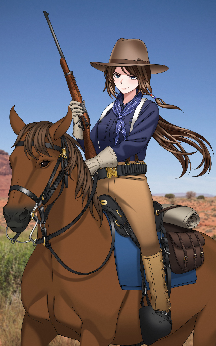 1girl, :3, absurdres, animal, army, bedroll, belt, belt_buckle, blue_eyes, blue_neckerchief, blue_shirt, blurry, blurry_background, blush, breast_pocket, brown_hair, brown_hat, brown_horse, buckle, bullet, buttons, cavalry, closed_mouth, collared_shirt, commentary, cowboy_hat, gaiters, gloves, gun, hat, highres, holding, holding_gun, holding_reins, holding_weapon, horse, horseback_riding, keiita, long_hair, long_sleeves, military, military_uniform, neckerchief, original, outdoors, pants, pocket, polka_dot_neckerchief, reins, riding, rifle, saddle, saddle_blanket, saddlebags, shirt, soldier, solo, stirrups_(riding), suspenders, united_states_army, weapon, weapon_request, white_gloves