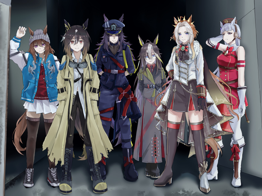 6+girls, absurdres, ahoge, animal_ears, arms_behind_back, ascot, asymmetrical_footwear, beanie