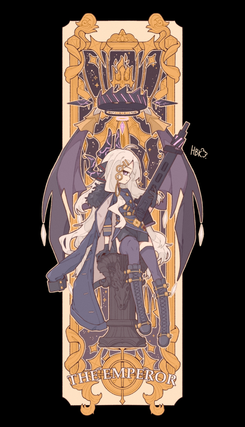 1701hbk, 1girl, black_coat, black_gloves, black_halo, black_skirt, black_thighhighs, blue_archive, card, coat, demon_girl, demon_horns, demon_wings, full_body, gloves, gun, halo, highres, hina_(blue_archive), holding, holding_gun, holding_weapon, horns, looking_at_viewer, machine_gun, mg42, sitting, skirt, solo, tarot, thigh-highs, thighs, weapon, wings