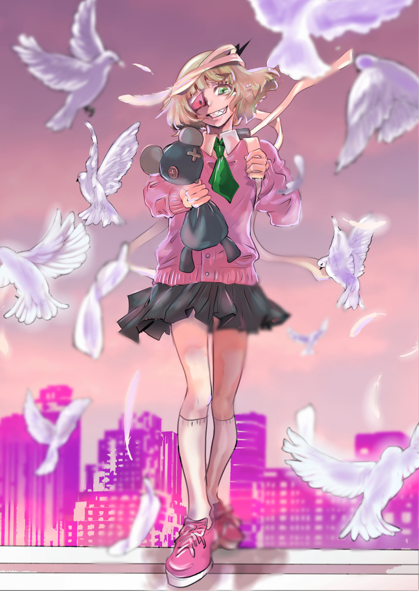1girl, absurdres, bag, bandaged_head, bandages, bird, bird_request, black_horns
