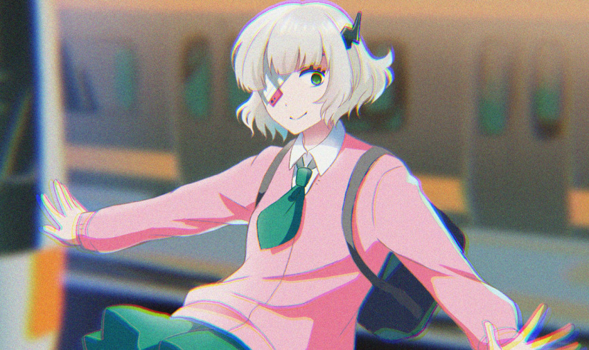 1girl, azuma_kei, bandaged_head, bandages, black_horns, blonde_hair, blunt_bangs, blurry