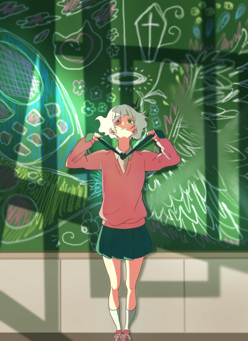 1girl, angel_wings, bandaged_head, bandages, black_horns, blonde_hair, blunt_bangs, cellphone