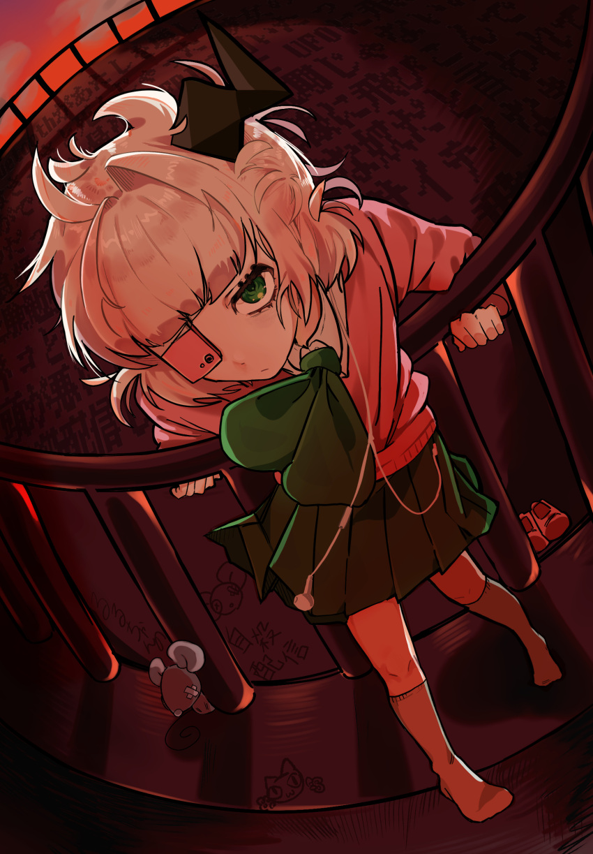 1girl, against_railing, bandaged_head, bandages, black_horns, blonde_hair, blunt_bangs, cellphone