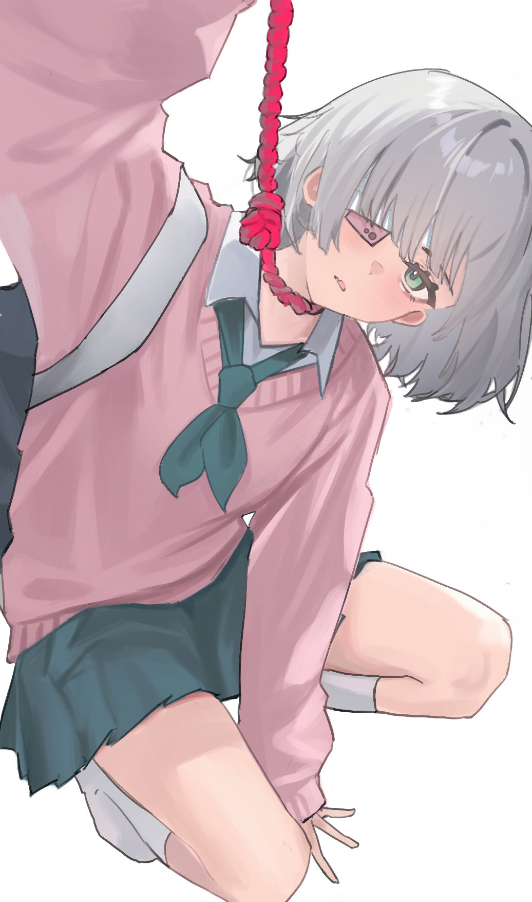 1girl, bandaged_head, bandages, blonde_hair, blunt_bangs, cellphone, collared_shirt, eyepatch