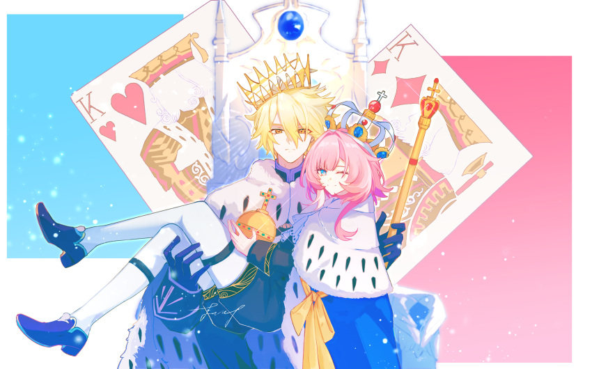 1boy, 1girl, ;), absurdres, black_gloves, black_shoes, blonde_hair, blue_eyes