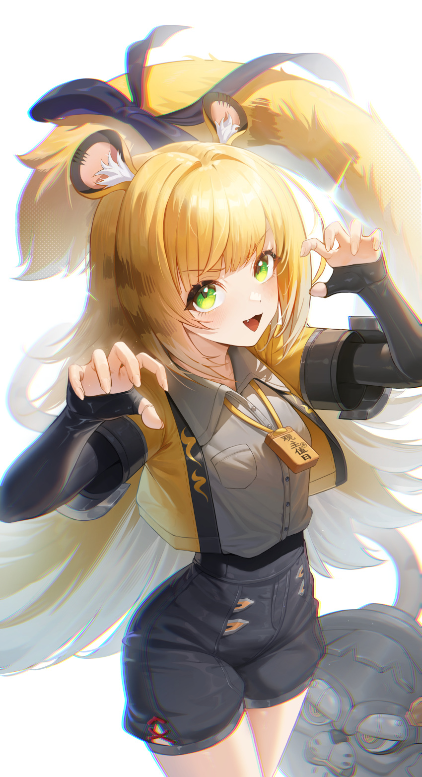 1girl, :3, absurdres, animal_ear_fluff, animal_ears, black_ribbon, black_shorts, blonde_hair