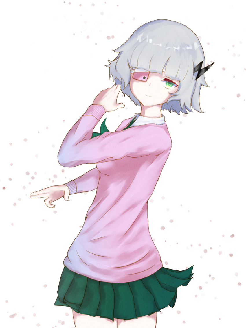 1girl, absurdres, bandaged_head, bandages, black_horns, blunt_bangs, cellphone, collared_shirt