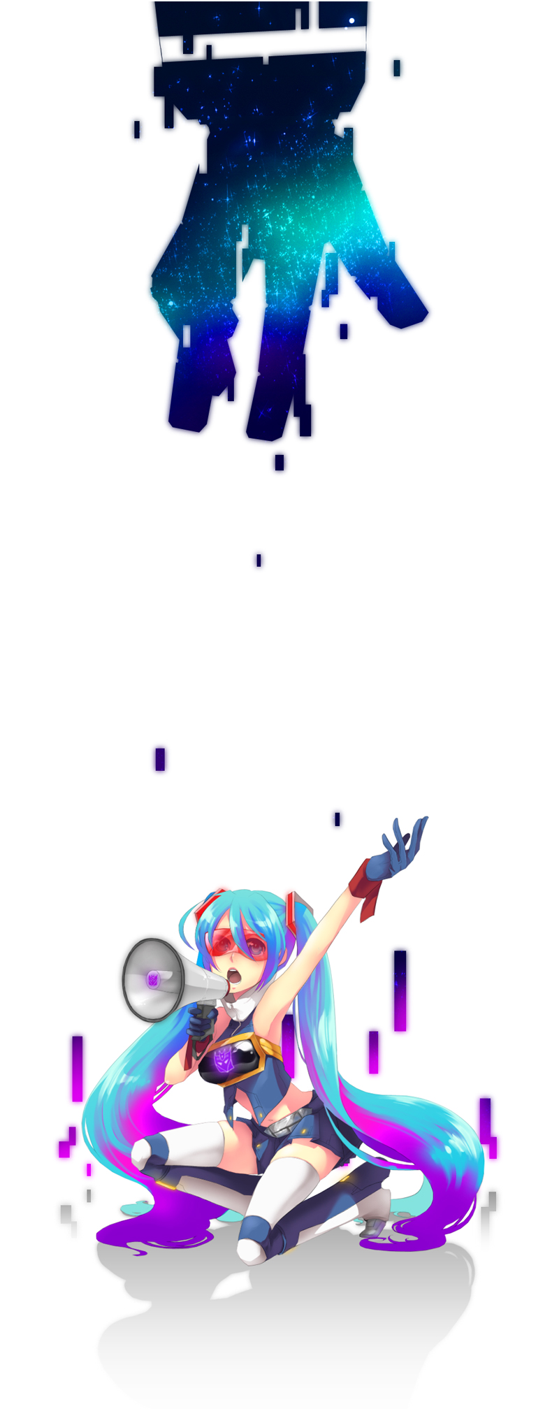 alternate_costume, aqua_eyes, aqua_hair, cosplay, gloves, goggles, hatsune_miku, highres, megaphone, multicolored_hair, nishiyama_(whatsoy), purple_hair, solo, soundwave, soundwave_(cosplay), thigh-highs, thighhighs, transformers, twintails, two-tone_hair, vocaloid