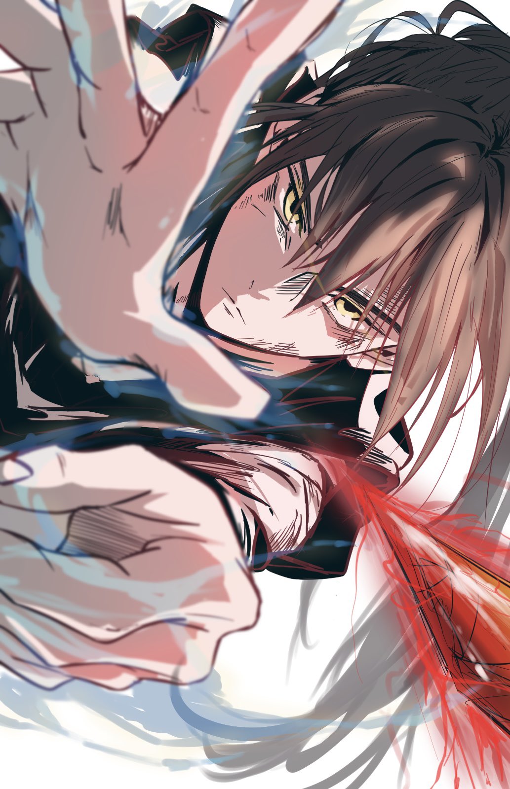 1boy, brown_hair, fighting_stance, floating, floating_hair, highres, jyu_viole_grace, long_hair, long_sleeves, looking_at_viewer, male_focus, outstretched_arms, partially_shaded_face, ponytail, reaching, reaching_towards_viewer, robe, sanasanase, shadow, simple_background, solo, thorn_(weapon)_(tower_of_god), tower_of_god, twenty-fifth_bam, yellow_eyes