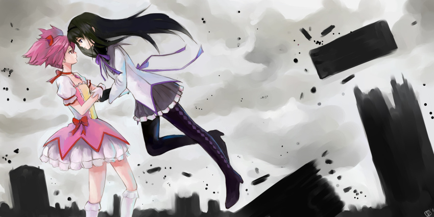 akemi_homura, argyle, argyle_legwear, black_hair, black_legwear, bow, bubble_skirt, cityscape, ener, gloves, hair_bow, hairband, hand_holding, high_heels, highres, holding_hands, kaname_madoka, kneehighs, long_hair, magical_girl, mahou_shoujo_madoka_magica, multiple_girls, pantyhose, pink_eyes, pink_hair, ribbon, shoes, short_twintails, twintails, white_gloves, white_legwear