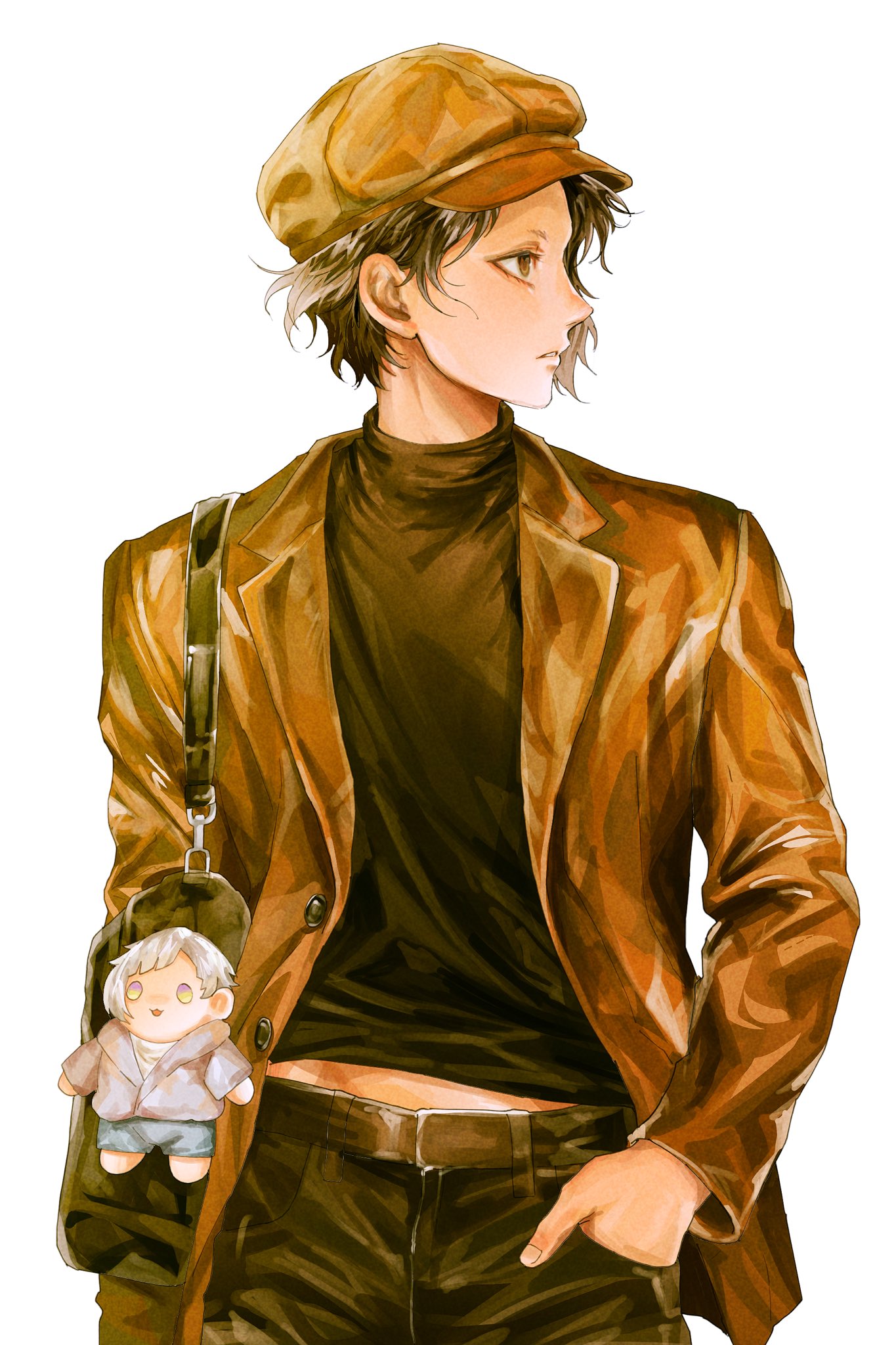 1boy, akutagawa_ryuunosuke_(bungou_stray_dogs), alternate_costume, black_hair, bungou_stray_dogs, closed_mouth, clothing_request, hand_in_pocket