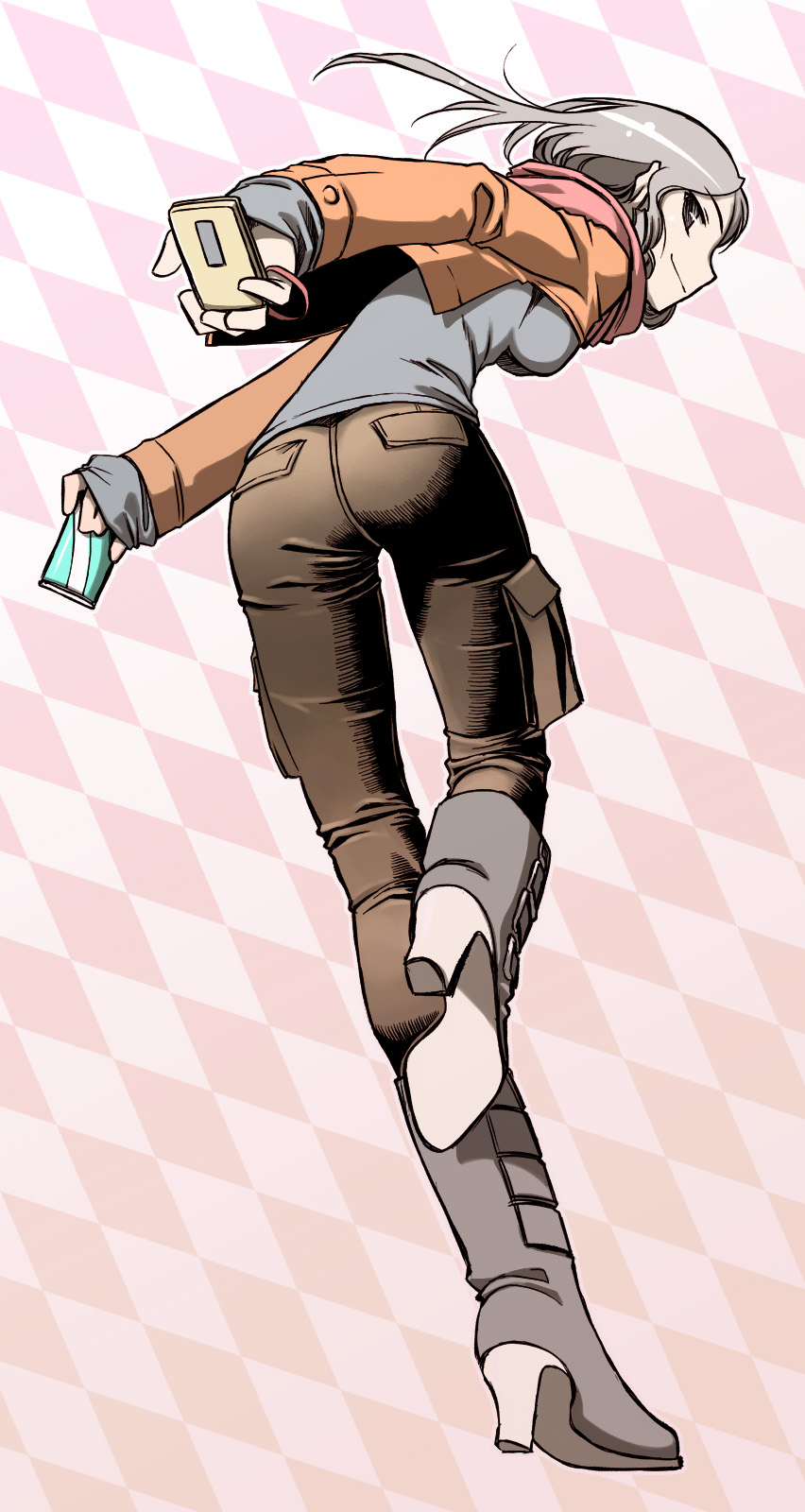 brown_eyes, cellphone, copyright_request, denim, grey_hair, highres, jacket, looking_back