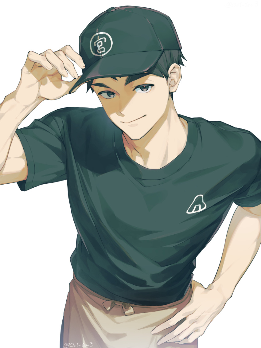 1boy, absurdres, aged_up, apron, baseball_cap, black_eyes, black_hair, black_shirt