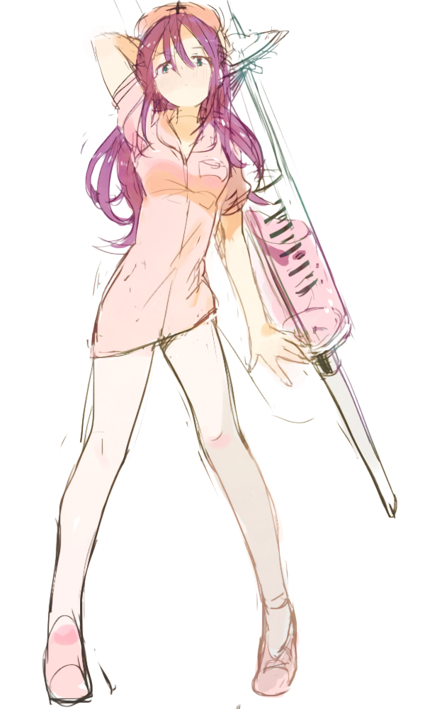hat, inazuma_eleven, inazuma_eleven_(series), kudou_fuyuka, large_syringe, long_hair, nurse, nurse_cap, oversized_object, pantyhose, purple_hair, sketch, syringe, tomo10, white_legwear