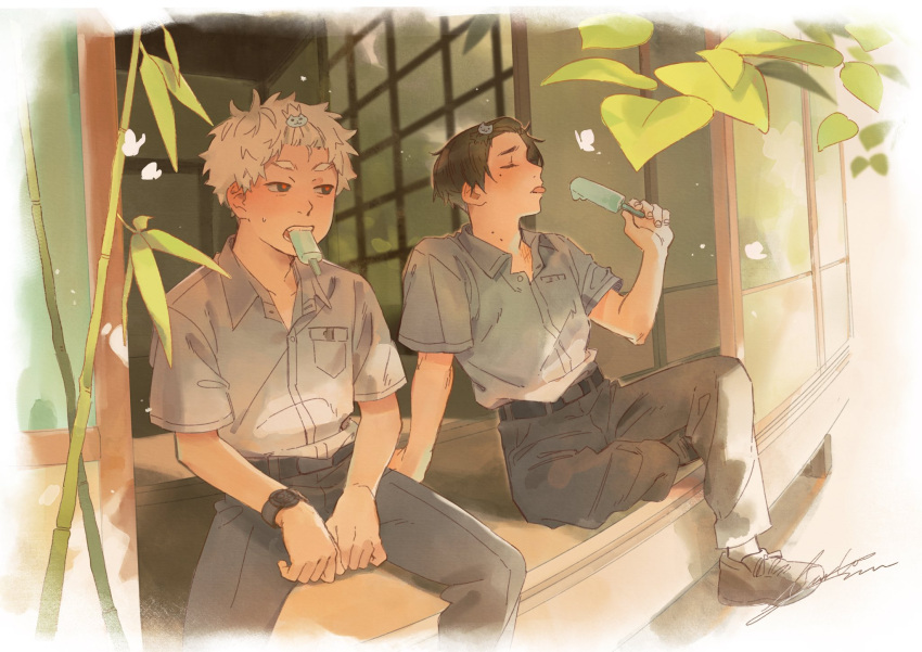 2boys, bangs_pinned_back, belt, black_belt, black_hair, black_pants, brown_shoes, carlozw, closed_eyes, collared_shirt, food, food_in_mouth, hair_ornament, hairclip, hand_rest, highres, hikaru_(hikaru_ga_shinda_natsu), hikaru_ga_shinda_natsu, holding, holding_food, holding_popsicle, hot, male_focus, mole, mole_on_neck, mole_under_eye, multiple_boys, pants, pocket, popsicle, popsicle_in_mouth, school_uniform, shirt, shoes, short_hair, signature, sitting, tongue, tongue_out, tsujinaka_yoshiki, watch, white_hair, white_shirt
