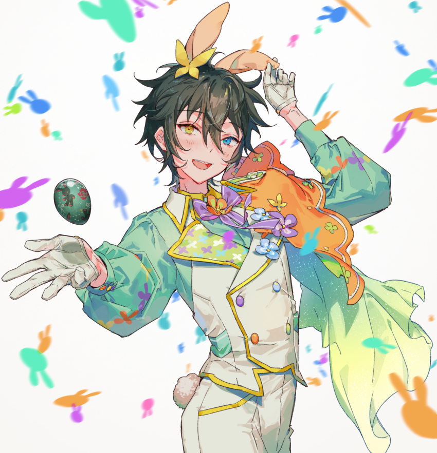 1boy, animal_ears, black_hair, blue_eyes, bow, ensemble_stars!, gloves, hair_between_eyes, hands_up, heterochromia, highres, kagehira_mika, kagehira_mika_(puffy_bunny), long_sleeves, male_focus, open_mouth, pants, rabbit_ears, rabbit_tail, short_hair, smile, solo, tail, vest, white_gloves, white_pants, white_vest, yellow_eyes, yutsumoe