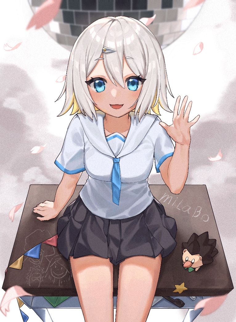 1girl, :d, black_skirt, blonde_hair, blue_eyes, blue_necktie, blue_trim, bow