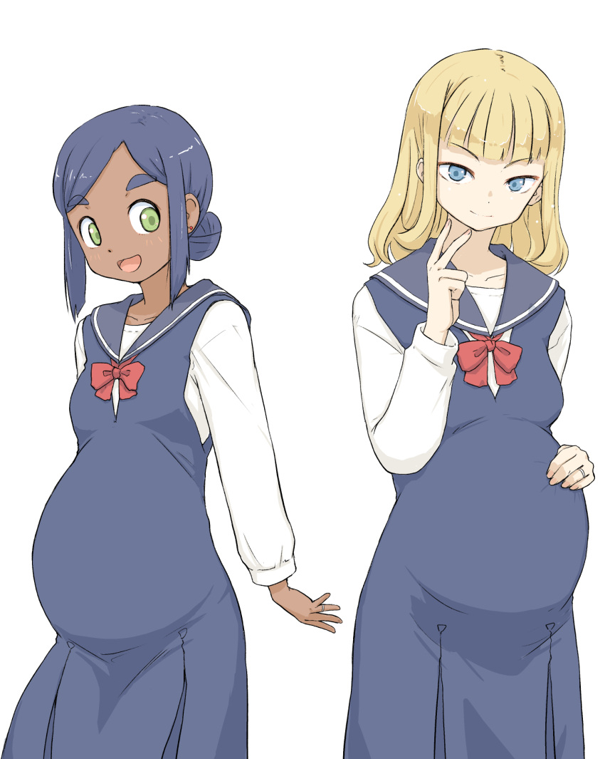 2girls, black_hair, blonde_hair, blue_dress, blue_eyes, blue_sailor_collar, bow, bowtie