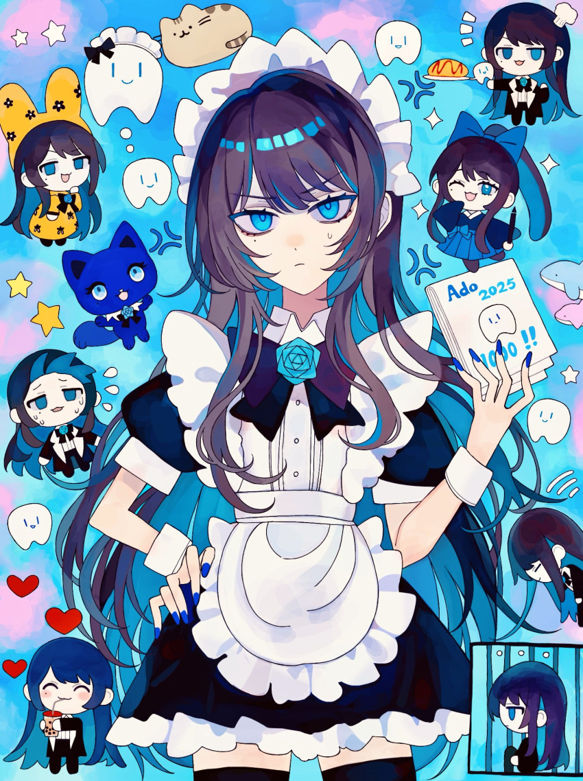 1girl, :3, ado_(utaite), ado_box, adorozatorumary, anger_vein, apron, black_dress, black_hair, black_thighhighs, blue_eyes, blue_hair, blue_nails, bubble_tea, chando_(ado), chef_hat, chibi, chinese_commentary, closed_mouth, colored_inner_hair, commentary_request, dmyfish, dress, food, ha-chan_(ado), hat, heart, highres, long_hair, maid, maid_headdress, multicolored_hair, nail_polish, omelet, omurice, puffy_short_sleeves, puffy_sleeves, sanrio, short_sleeves, star_(symbol), sweat, sweatdrop, thigh-highs, white_apron, zettai_ryouiki