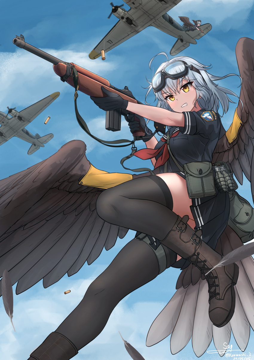 1girl, absurdres, aircraft, airplane, ammunition_pouch, bird_girl, bird_tail, bird_wings