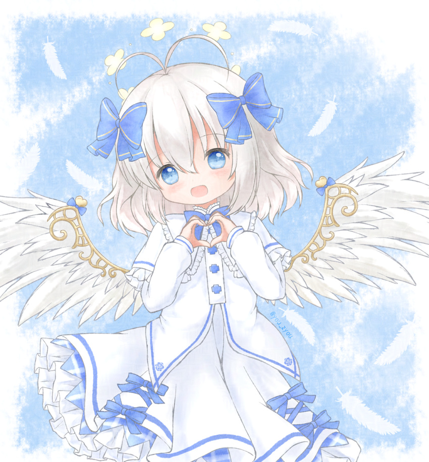 1girl, angel_feather_alma, antenna_hair, blue_eyes, blue_ribbon, capelet, dress, emil_chronicle_online