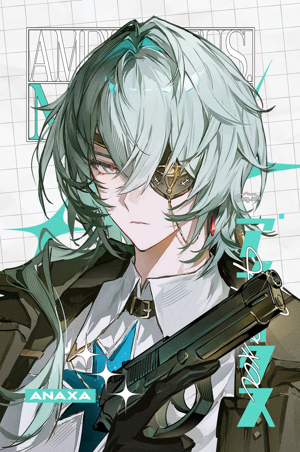 1boy, anaxa_(honkai:_star_rail), black_gloves, brown_jacket, character_name, closed_mouth, collared_shirt, commentary