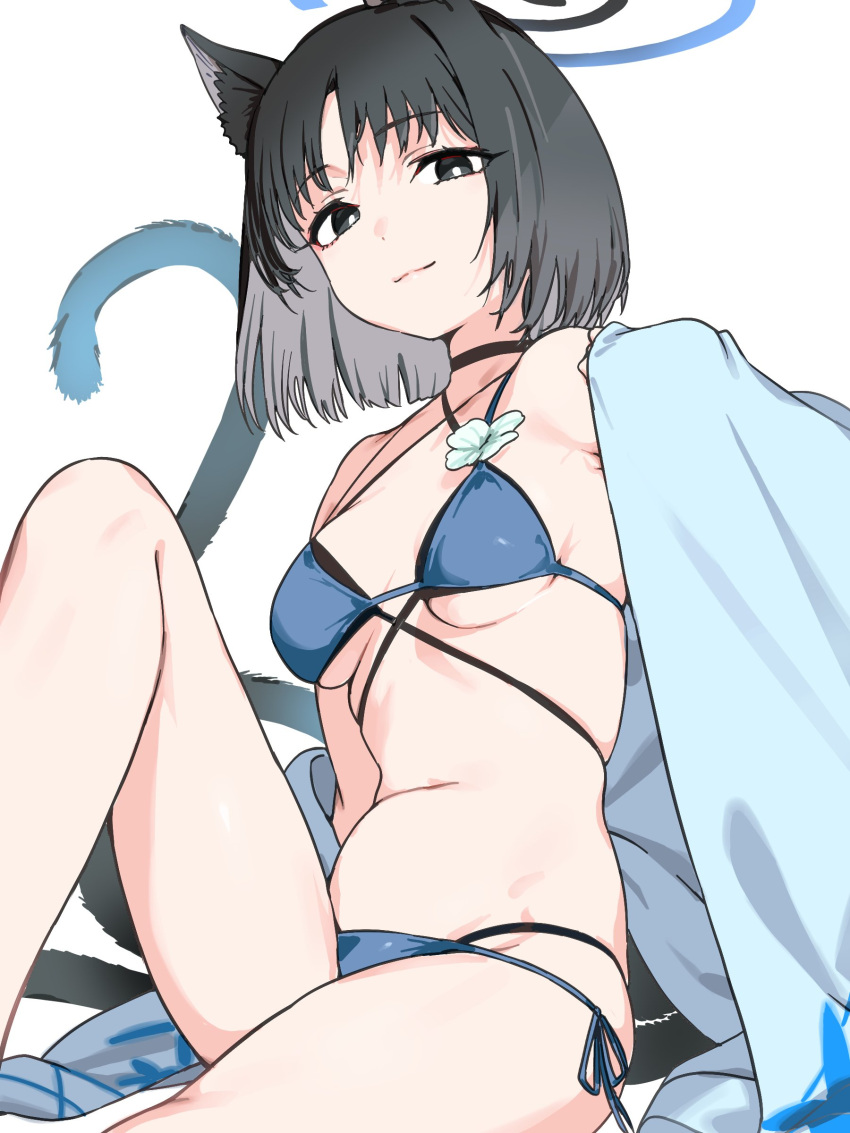 1girl, absurdres, animal_ears, bakeneko, bikini, black_tail, blue_archive, blue_bikini