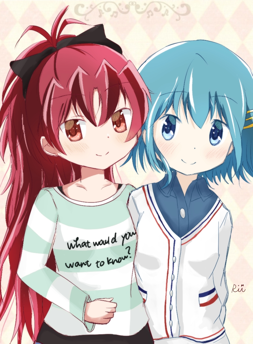 2girls, alternate_costume, argyle_background, blue_eyes, blue_hair, bow, casual, crescent_0039