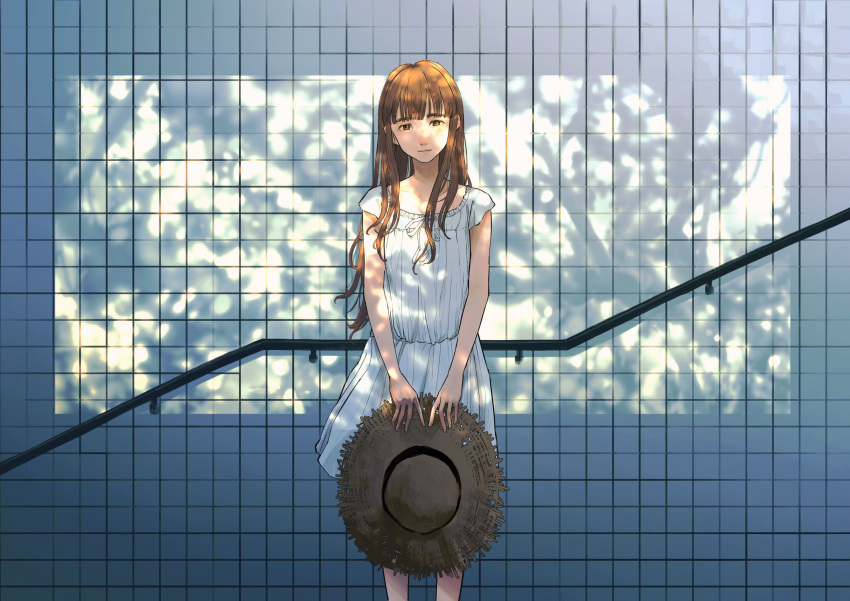 1girl, brown_eyes, brown_hair, choppy_bangs, closed_mouth, dappled_sunlight, dress, hat
