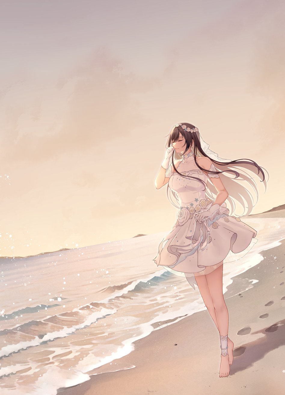 1girl, ankle_cuffs, arm_cuffs, barefoot, beach, black_hair, bridal_veil, closed_eyes