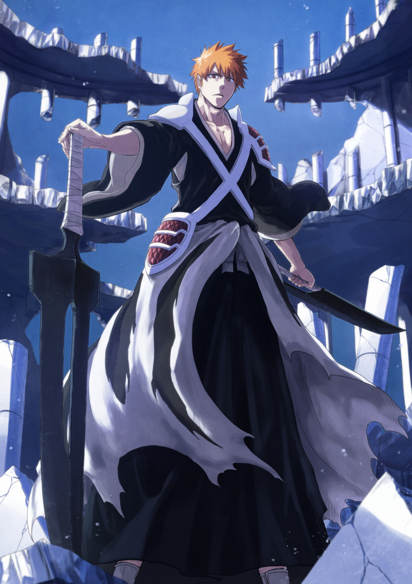 1boy, absurdres, armor, asymmetrical_dual_wielding, black_hakama, black_kimono, black_robe, bleach