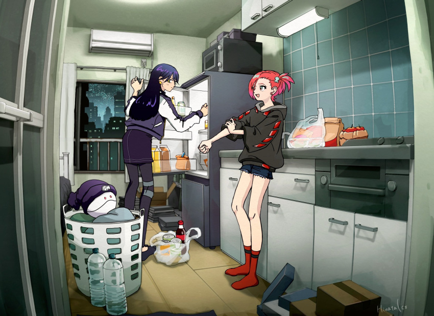 2girls, air_conditioner, amate_yuzuriha, bag, black_hair, black_hoodie, denim, denim_shorts