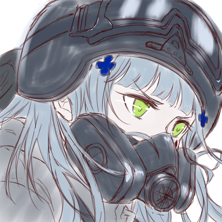 1girl, blue_hair, camouflage, close-up, dishy_galaxr, gas_mask, girls_frontline, gloves, goggles, goggles_on_headwear, green_eyes, hair_ornament, helmet, highres, hk416_(fang)_(girls'_frontline), hk416_(girls'_frontline), long_hair, mask, mouth_mask, portrait, respirator, simple_background, snow_camouflage, solo, tom_clancy's_the_division, v-shaped_eyebrows, white_background
