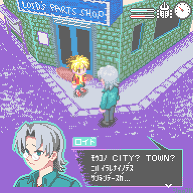 amanogawa_ryuusei, andou_loid, black_pants, black_shoes, blonde_hair, blue_shorts, brown_hair, character_name, closed_mouth, collared_jacket, commentary, curtained_hair, door, fake_screenshot, gloves, green_eyes, green_jacket, grey_hair, heads-up_display, health_bar, jacket, jinzou_konchuu_kabutoborg_vxv, looking_at_another, lowres, outdoors, pants, pixel_art, poster_(object), red_jacket, red_shoes, road, shirorofuru, shoes, shop, short_hair, shorts, speech_bubble, standing, tachometer, toy, toy_car, translation_request, user_interface, window