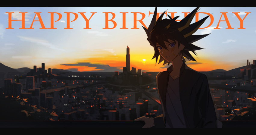 1boy, against_railing, arm_at_side, baiba_8, black_border, black_coat, black_hair, blue_eyes, blue_sky, border, building, city, city_lights, cityscape, coat, english_text, evening, facial_mark, facing_to_the_side, fudo_yusei, grey_shirt, hair_slicked_back, hand_on_railing, happy_birthday, highres, letterboxed, looking_at_viewer, male_focus, mountain, mountainous_horizon, open_clothes, open_coat, orange_sky, outdoors, popped_collar, railing, shirt, sky, skyline, skyscraper, smile, spiky_hair, sunset, upper_body, yu-gi-oh!, yu-gi-oh!_5d's