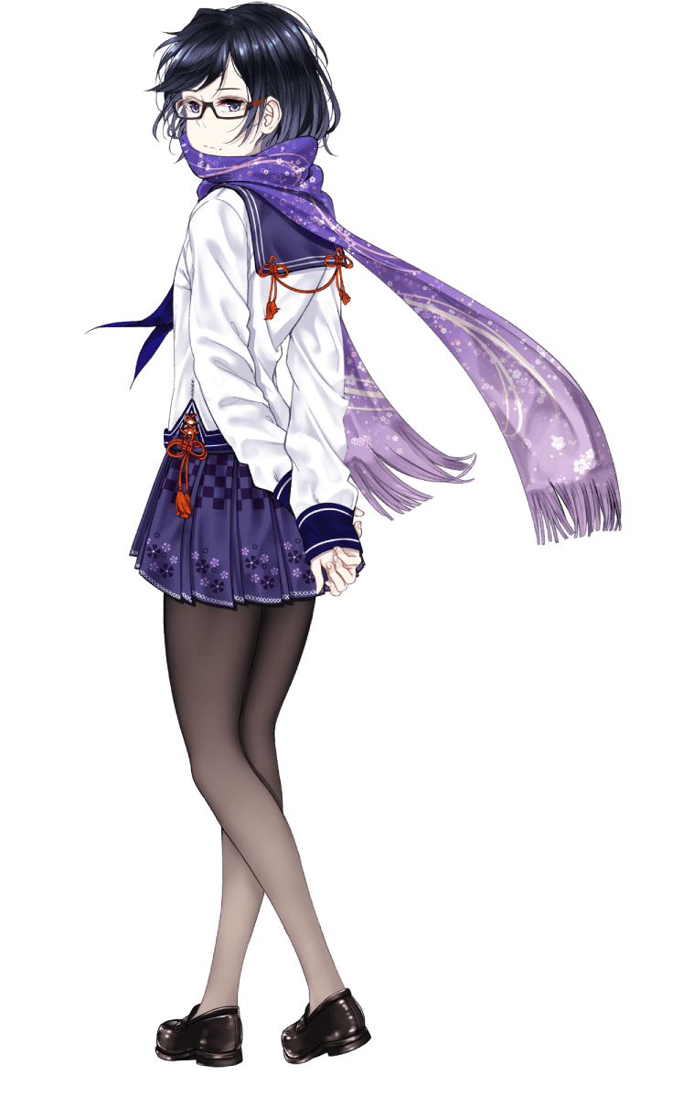 1girl, black-framed_eyewear, black_hair, black_pantyhose, black_shoes, blue_sailor_collar, floral_print, floral_print_scarf, floral_print_skirt, full_body, glasses, highres, long_sleeves, looking_at_viewer, official_art, onsen_musume, pantyhose, pleated_skirt, print_skirt, purple_scarf, purple_skirt, sailor_collar, saitou_(lynx-shrike), scarf, shirt, shoes, simple_background, skirt, sleeves_past_wrists, solo, tassel, toyako_nonno, transparent_background, violet_eyes, white_shirt