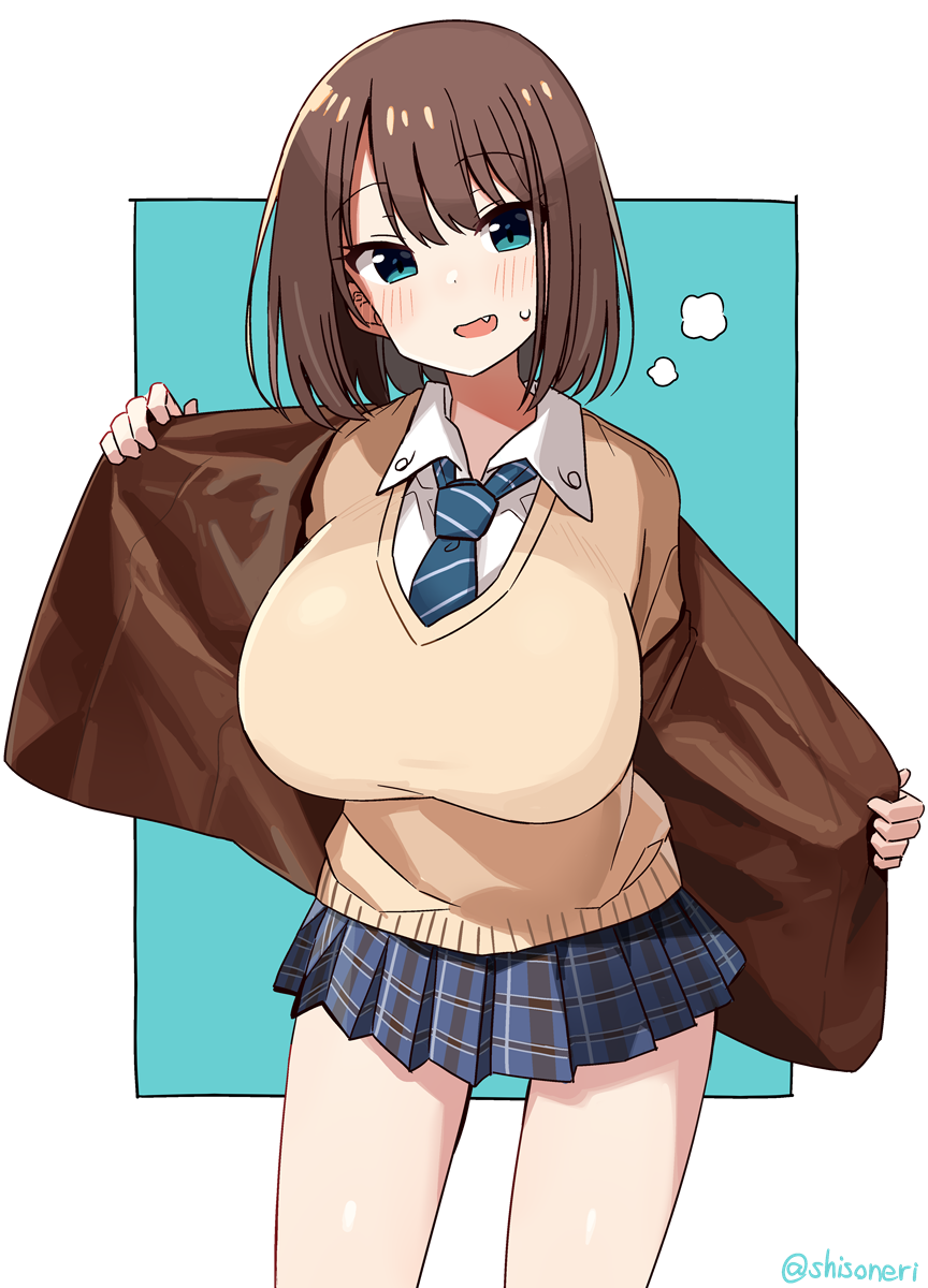 1girl, artist_name, blazer, blue_necktie, blue_skirt, blush, breasts, brown_hair, brown_jacket, brown_sweater, collared_shirt, cowboy_shot, fang, green_eyes, highres, hot, jacket, large_breasts, medium_hair, necktie, open_clothes, open_jacket, open_mouth, plaid_clothes, plaid_necktie, plaid_skirt, pleated_skirt, sagging_breasts, saki_(manga), school_uniform, shirt, shisoneri, simple_background, skirt, steam, steaming_body, sweat, sweater, thighs, twitter_username, unozawa_shiori, v-neck, white_background, white_shirt