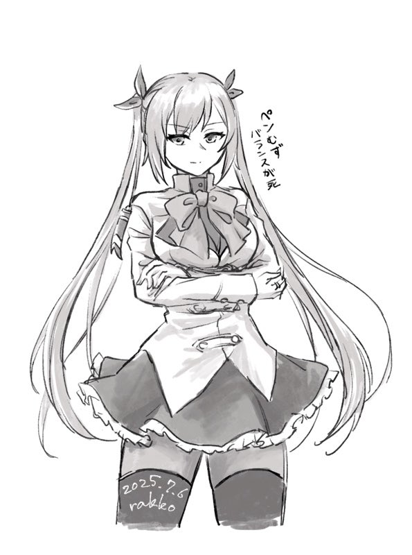 1girl, arms_under_breasts, artist_name, assault_lily, bow, bowtie, breasts, closed_mouth