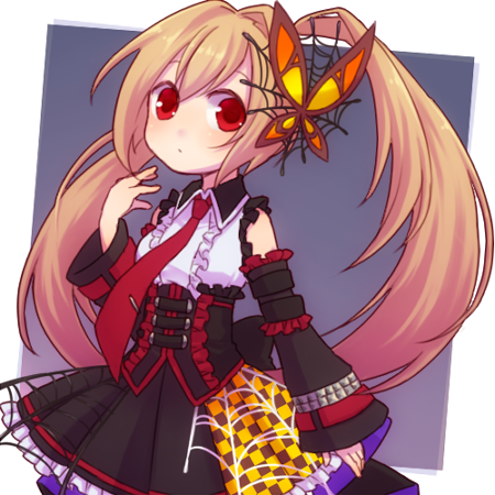 1girl, bare_shoulders, black_corset, black_skirt, black_sleeves, blonde_hair, butterfly_hair_ornament, corset, detached_sleeves, emil_chronicle_online, frilled_corset, frilled_shirt, frilled_skirt, frilled_sleeves, frills, hair_ornament, lowres, necktie, red_eyes, red_necktie, shirt, skirt, spider_web_hair_ornament, tarantula_alma, twintails, yellow_(artist)